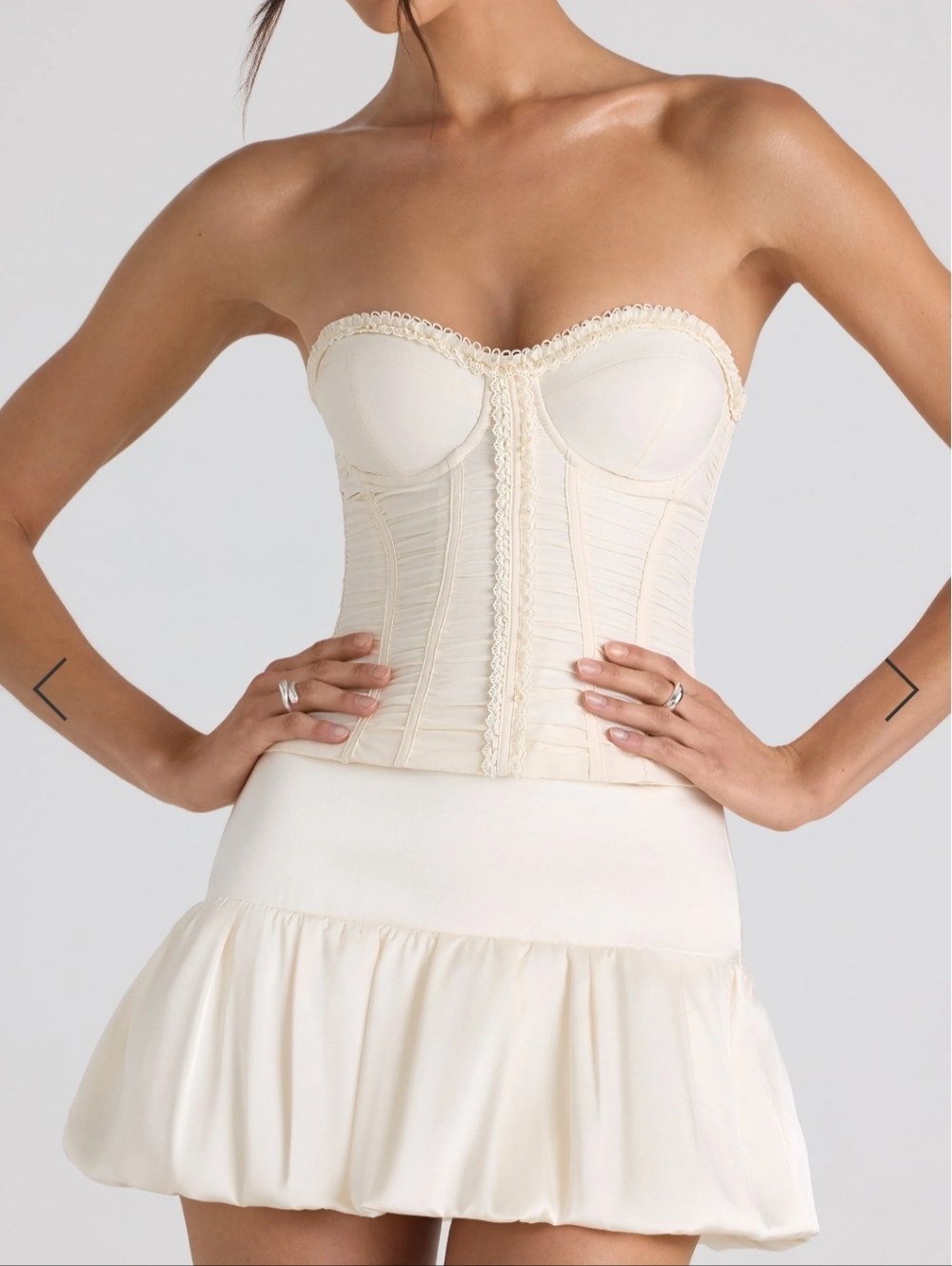 Oh Polly Size 2 Cream Strapless Corset Ruche Detail And Satin Bubble  Mini Skirt